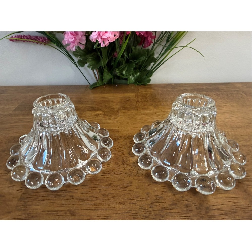 Vintage Clear Glass Bubble Edge Boopie-Style Candle Holders‎ Pair Mid-Century
